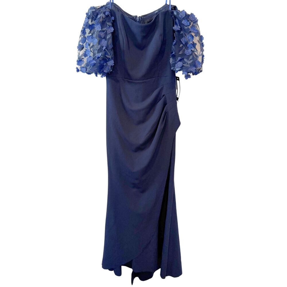 NWT Xscape Off Shoulder Floral Puff Sleeve Evening Gown Maxi Navy Blue Size 6P